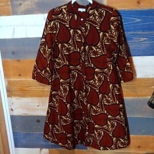 Zuri Kenya Just One Cotton Button Down Dress S Brown Leaf Pattern